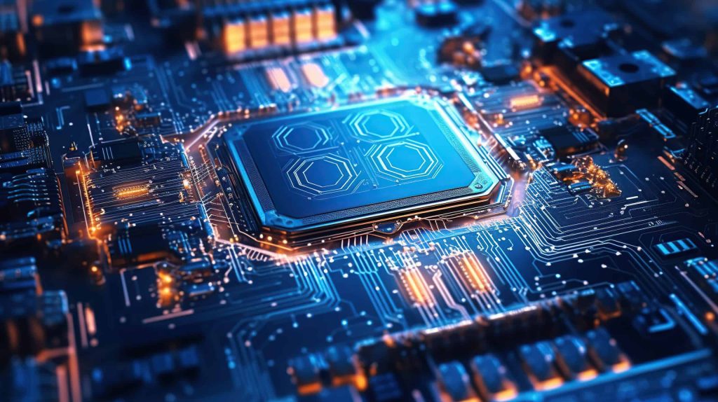 Close-up of a semiconductor chip on a circuit board with glowing electronic components.