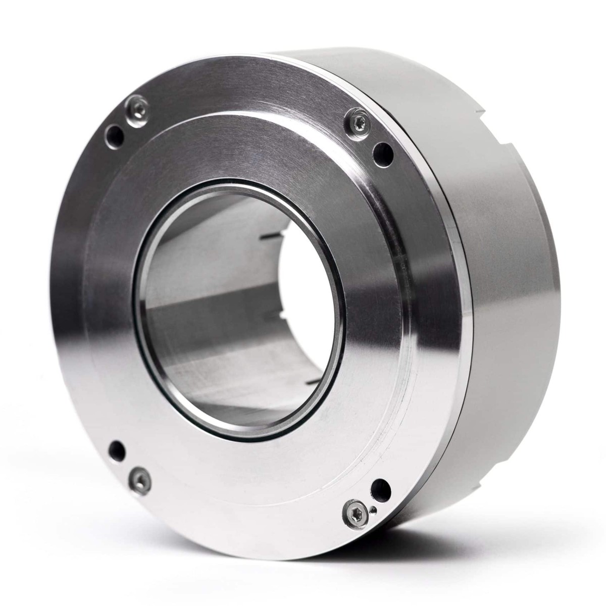 High-precision industrial mechanical part with metal finish.