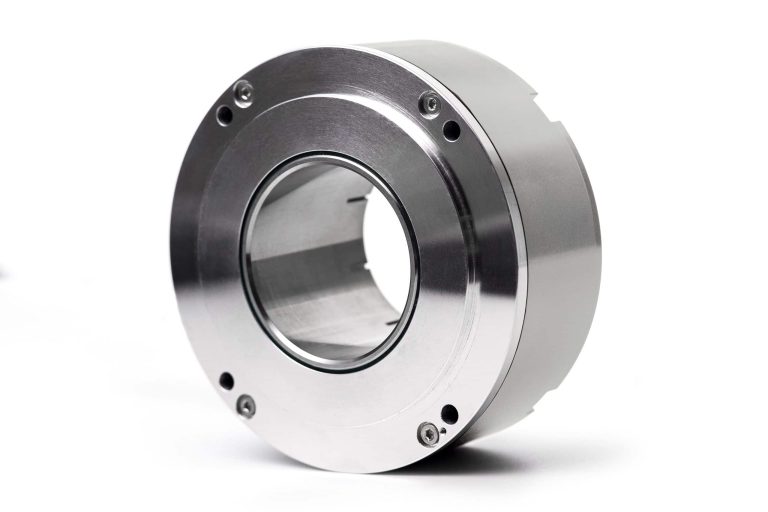 High-precision industrial mechanical part with metal finish.
