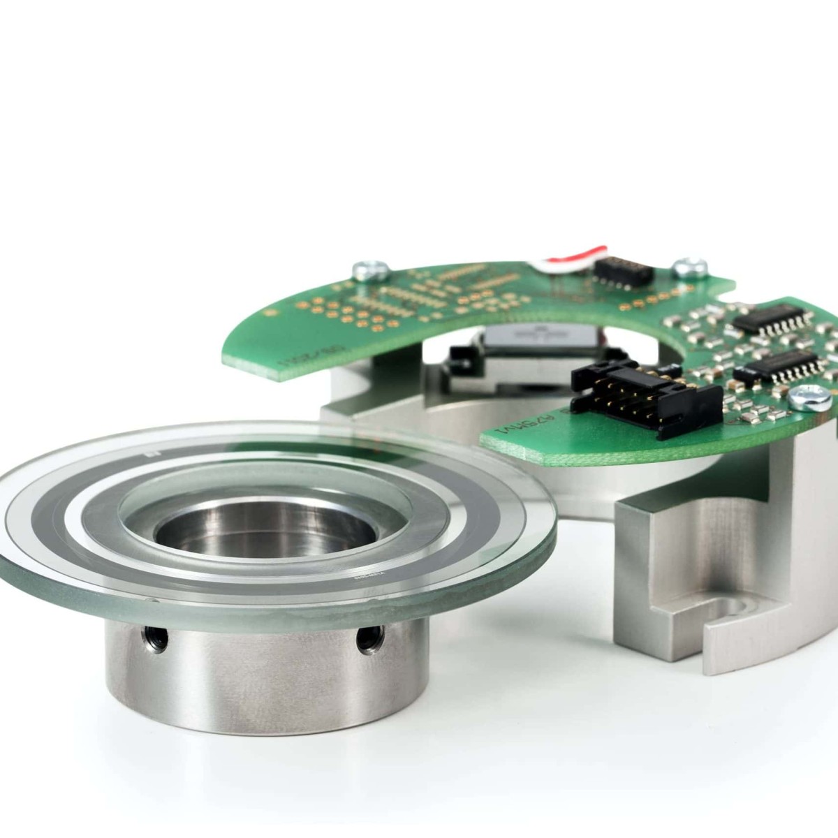 Sensor with electronic circuit and bearing for industrial automation.