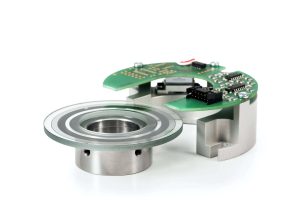 Sensor with electronic circuit and bearing for industrial automation.