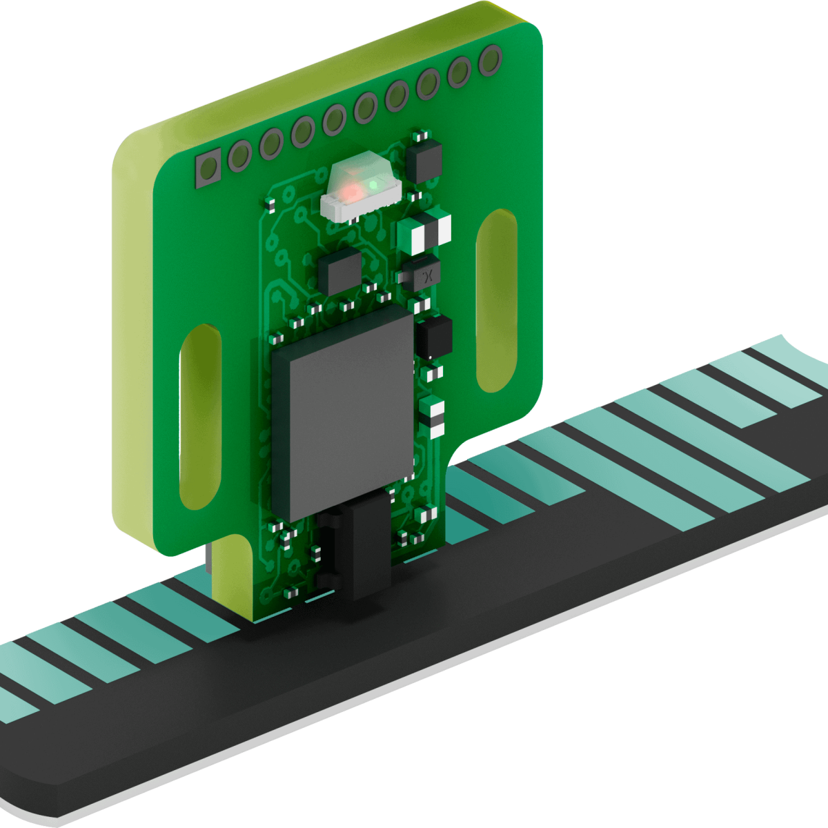 Microcontroller electronic component on a circuit board with connectors and circuitry.