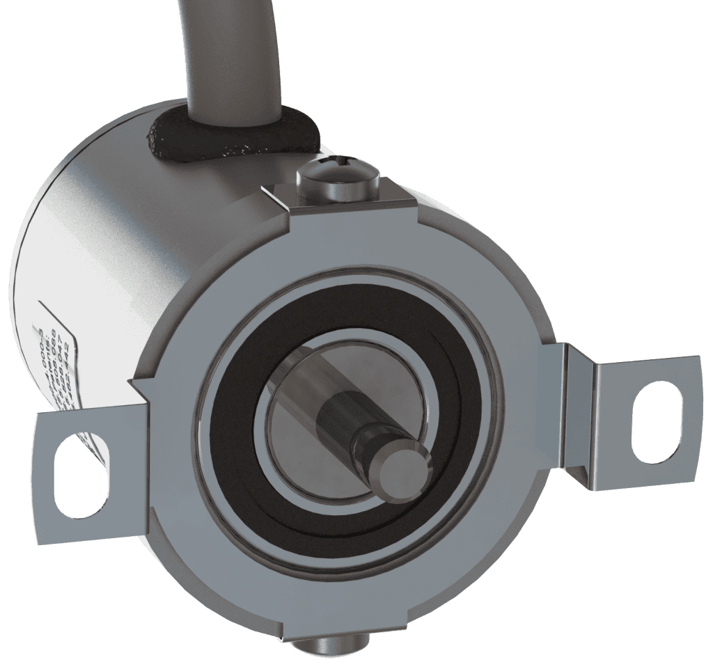 A close-up of a precision industrial sensor with mounting brackets and protective casing.