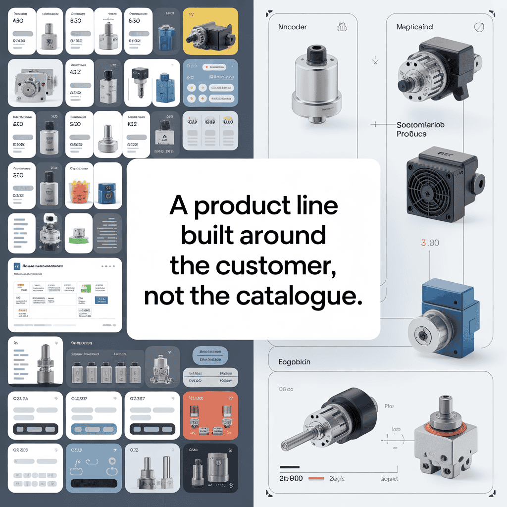 Collage of industrial components and product cards surrounding a central white panel with the slogan: 'A product line built around the customer, not the catalogue'