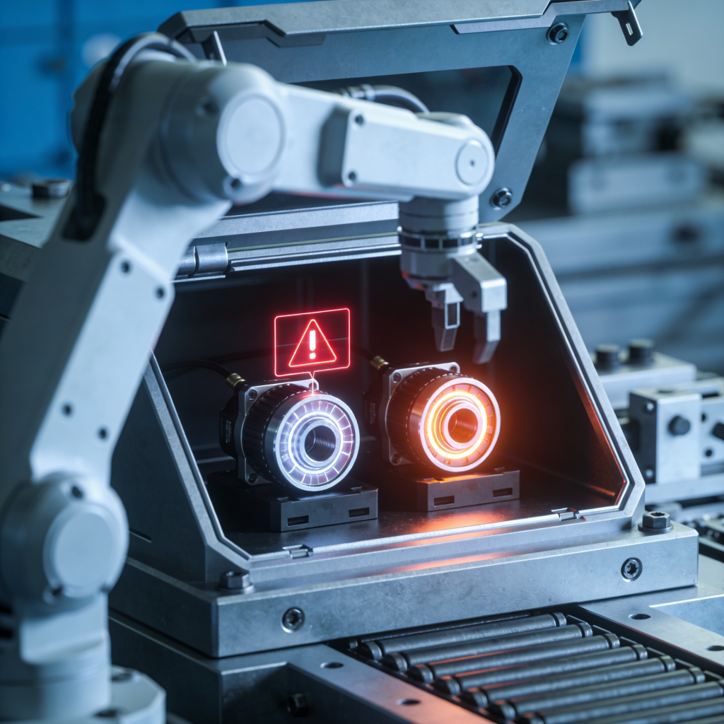 Industrial robotic arm inside a metal enclosure with a red warning symbol glowing on a control panel