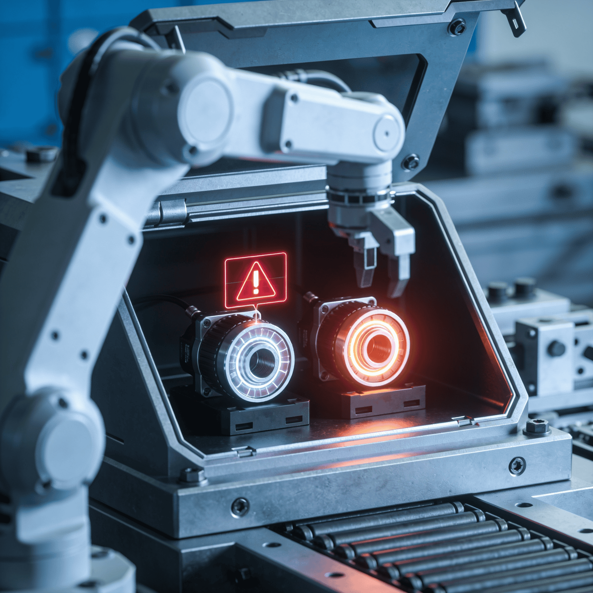 Industrial robotic arm inside a metal enclosure with a red warning symbol glowing on a control panel