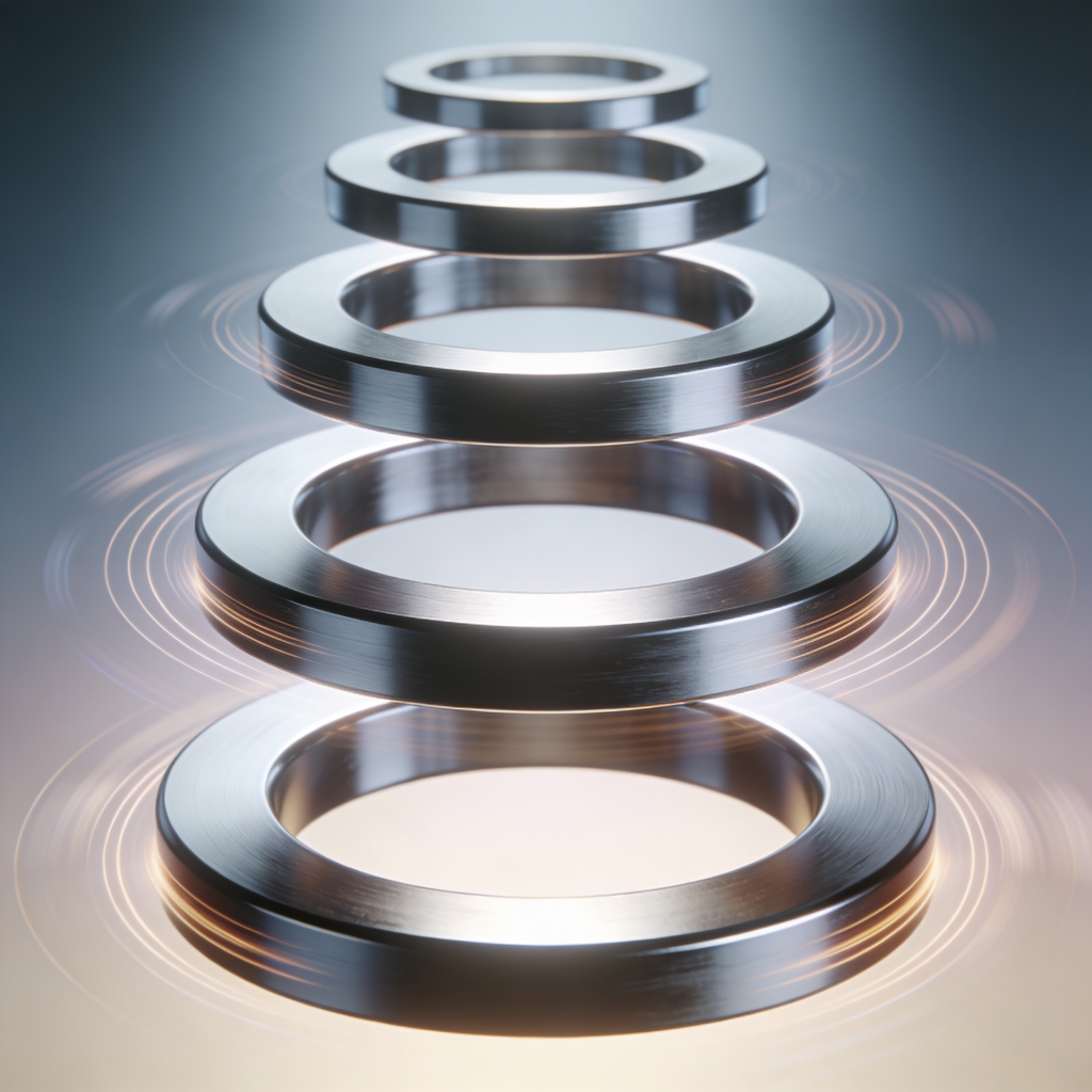 Abstract stack of shiny metal rings floating with glowing circular ripples around them, on a blue gradient background