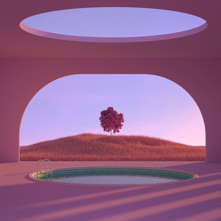 Indoor pool with scenic view through a large window, featuring a tree and grassy landscape.