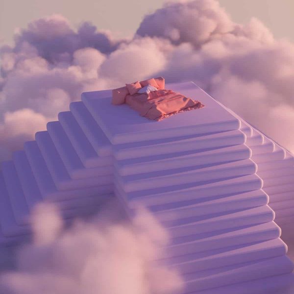 Cloud bed with a person resting on top, surrounded by soft clouds and pastel sky.