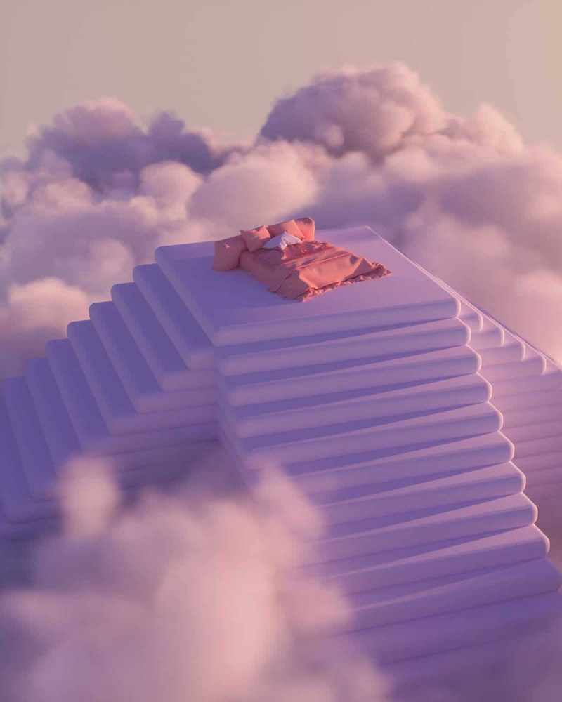 Cloud bed with a person resting on top, surrounded by soft clouds and pastel sky.