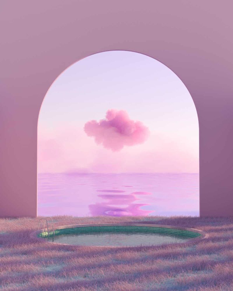 Serene pink cloud over calm water seen through an arched window at sunset.