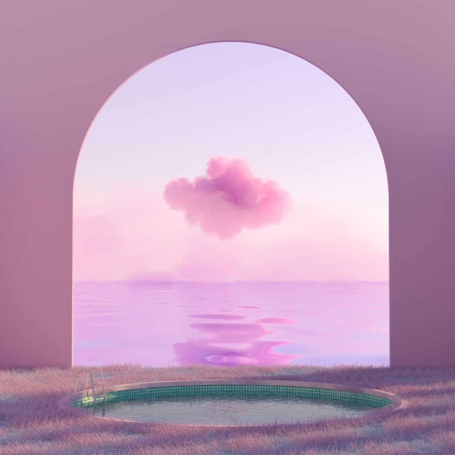 Serene pink cloud over calm water seen through an arched window at sunset.